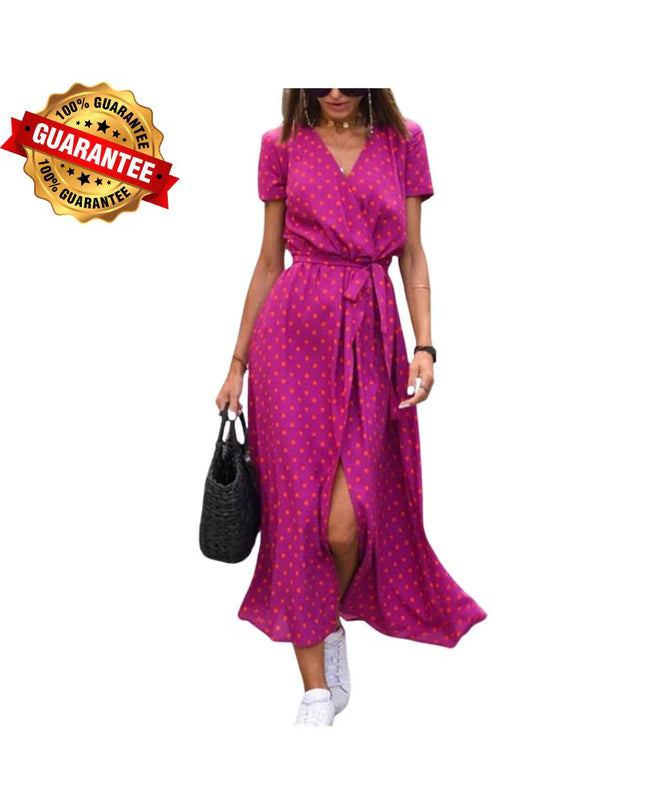 V-Neck Lace-Up Summer Dress: Elegant High Waist Gown with Print and Split Hem