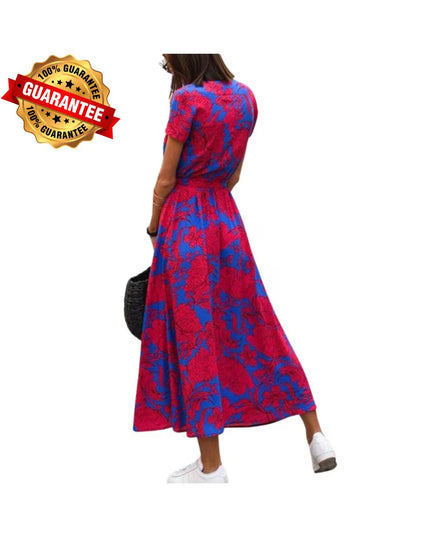 V-Neck Lace-Up Summer Dress: Elegant High Waist Gown with Print and Split Hem