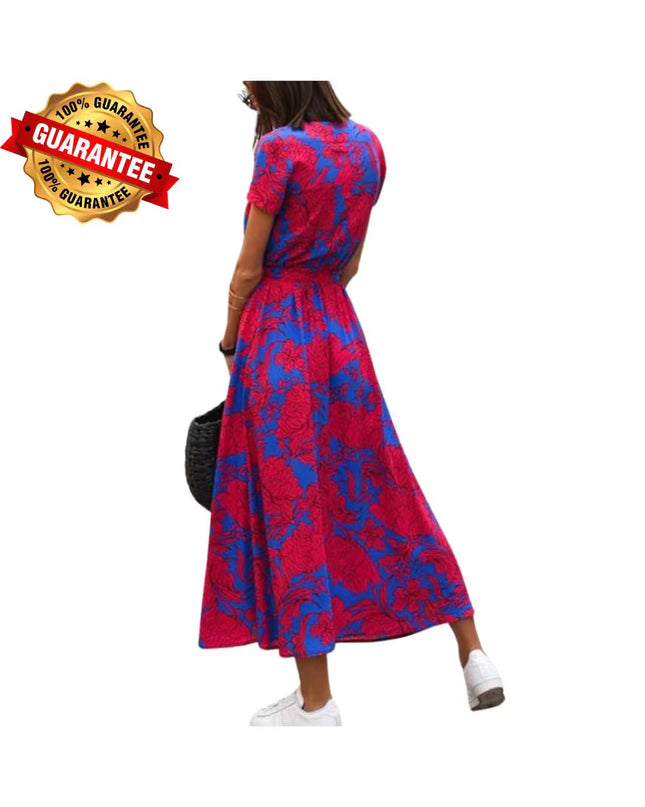 V-Neck Lace-Up Summer Dress: Elegant High Waist Gown with Print and Split Hem