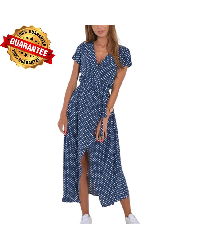 V-Neck Lace-Up Summer Dress: Elegant High Waist Gown with Print and Split Hem