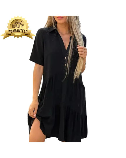 Cotton Linen Patchwork Dress – Solid Color Button-Up High Waist Summer Dress with Lapel | Casual Commuter Gown for Women