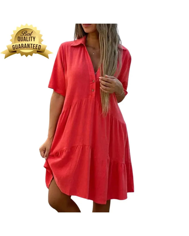 Cotton Linen Patchwork Dress – Solid Color Button-Up High Waist Summer Dress with Lapel | Casual Commuter Gown for Women