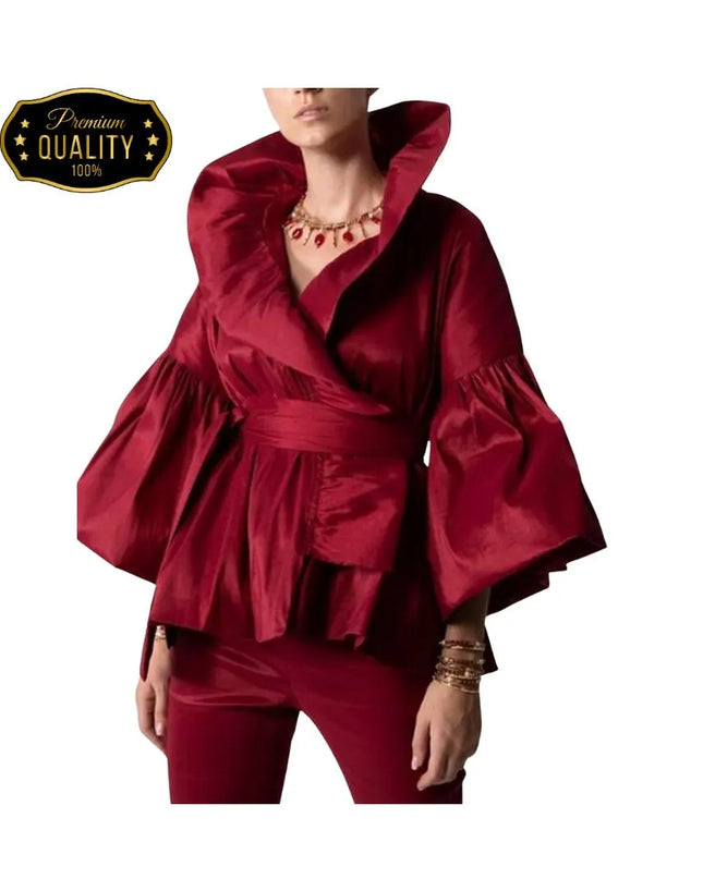 Puff Long Sleeve Ruffles Blouse Office Lady Solid Color Women Wrap Shirts Lapel Collar Elegant Shirt Woman Fashion Female