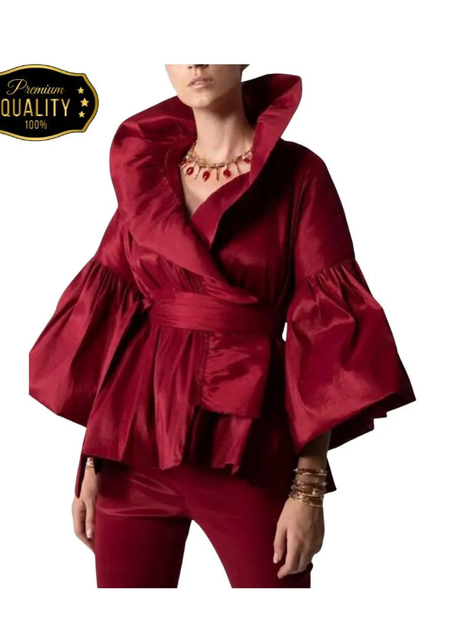 Puff Long Sleeve Ruffles Blouse Office Lady Solid Color Women Wrap Shirts Lapel Collar Elegant Shirt Woman Fashion Female
