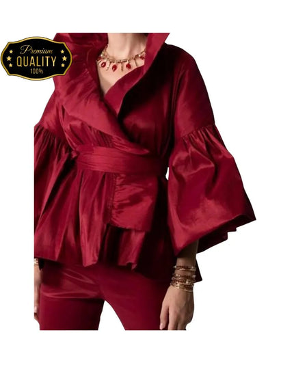 Puff Long Sleeve Ruffles Blouse Office Lady Solid Color Women Wrap Shirts Lapel Collar Elegant Shirt Woman Fashion Female