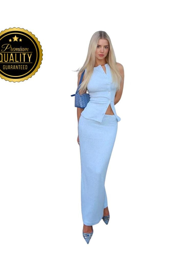 Matching Suit Sleeveless Ribbed Single-Breasted Top Shirt Maxi Skirt 2024 Spring Summer Women's Clothing Sexy Streetwear