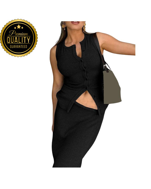 Matching Suit Sleeveless Ribbed Single-Breasted Top Shirt Maxi Skirt 2024 Spring Summer Women's Clothing Sexy Streetwear