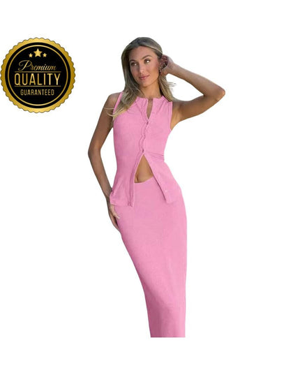 Matching Suit Sleeveless Ribbed Single-Breasted Top Shirt Maxi Skirt 2024 Spring Summer Women's Clothing Sexy Streetwear