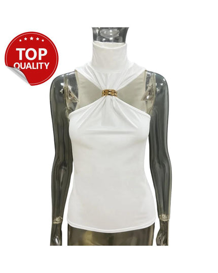 Vintage Cut Out White Tops Women Sexy Golden Ring Sleeveless Crop T-Shirt Black Tanks High Street Summer Women Tops