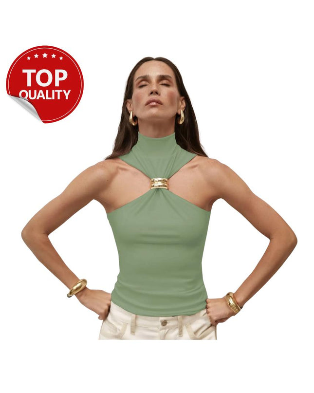 Vintage Cut Out White Tops Women Sexy Golden Ring Sleeveless Crop T-Shirt Black Tanks High Street Summer Women Tops