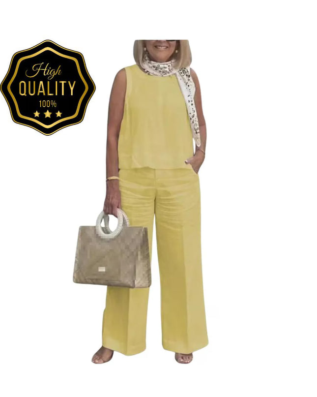 Women’s Cotton Linen Suit: Sleeveless Blouse & Wide-Leg Pants 2-Piece Set