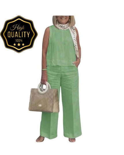 Women’s Cotton Linen Suit: Sleeveless Blouse & Wide-Leg Pants 2-Piece Set