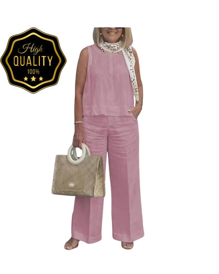 Women’s Cotton Linen Suit: Sleeveless Blouse & Wide-Leg Pants 2-Piece Set