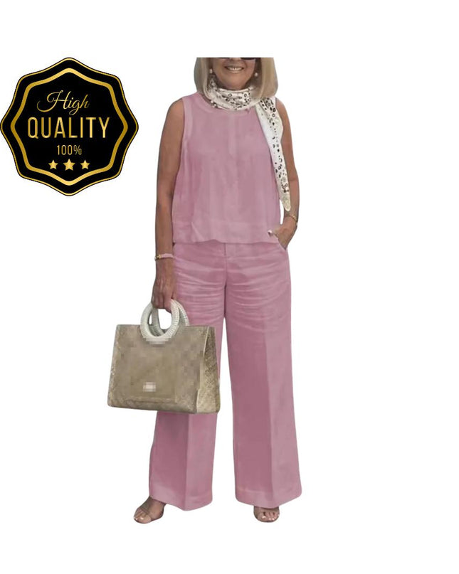 Women’s Cotton Linen Suit: Sleeveless Blouse & Wide-Leg Pants 2-Piece Set