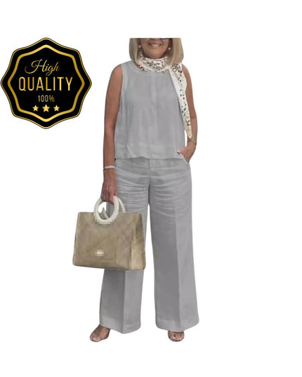 Women’s Cotton Linen Suit: Sleeveless Blouse & Wide-Leg Pants 2-Piece Set
