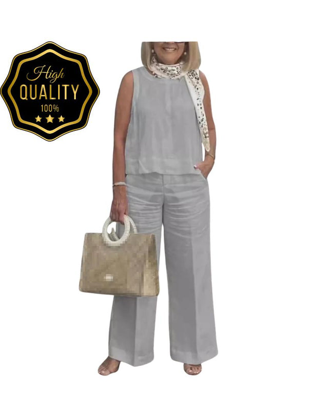 Women’s Cotton Linen Suit: Sleeveless Blouse & Wide-Leg Pants 2-Piece Set