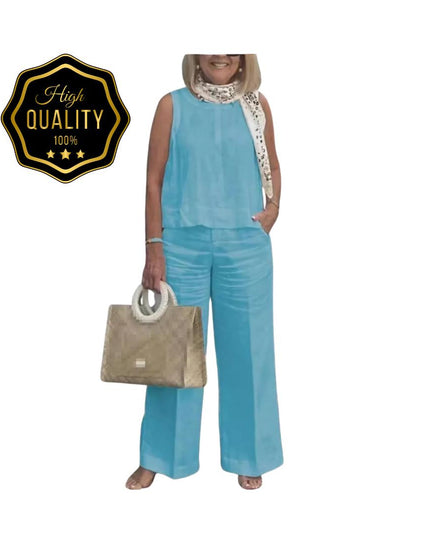 Women’s Cotton Linen Suit: Sleeveless Blouse & Wide-Leg Pants 2-Piece Set