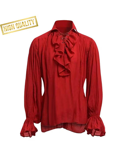 Men’s Victorian Ruffle Shirt, Lace-Up Renaissance Blouse, Historical Cosplay Costume