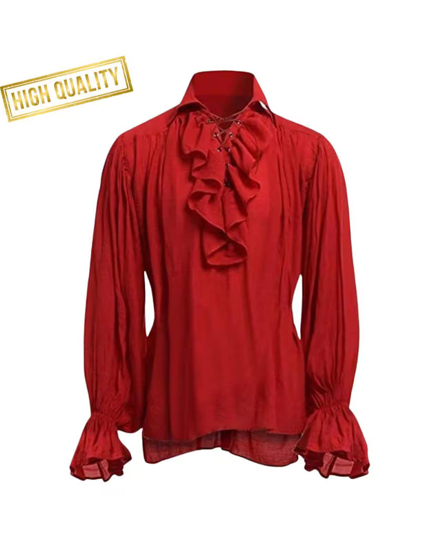 Men’s Victorian Ruffle Shirt, Lace-Up Renaissance Blouse, Historical Cosplay Costume