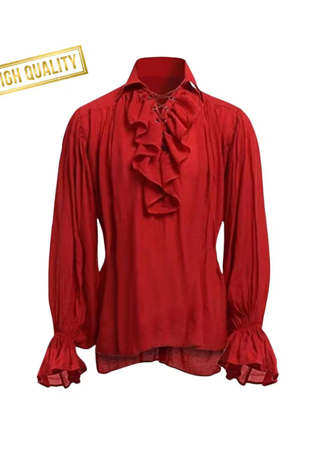 Men’s Victorian Ruffle Shirt, Lace-Up Renaissance Blouse, Historical Cosplay Costume