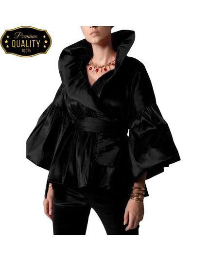 Puff Long Sleeve Ruffles Blouse Office Lady Solid Color Women Wrap Shirts Lapel Collar Elegant Shirt Woman Fashion Female