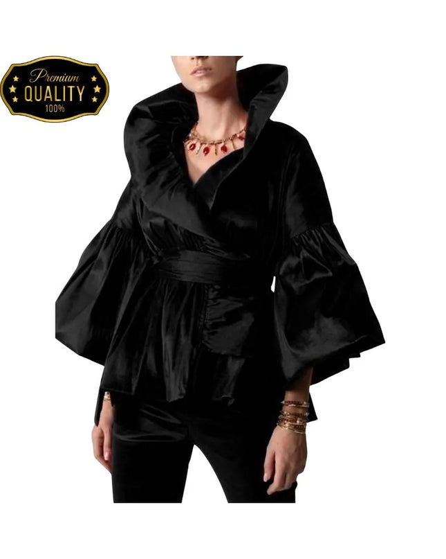 Puff Long Sleeve Ruffles Blouse Office Lady Solid Color Women Wrap Shirts Lapel Collar Elegant Shirt Woman Fashion Female