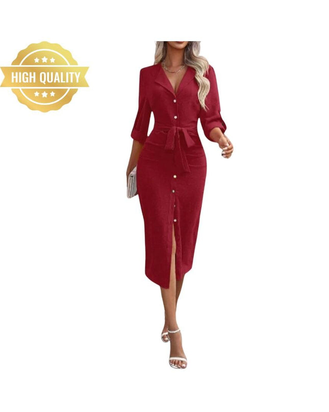 Women’s Office Shirt Dress: V-Neck Long Sleeve Solid Color Button Lace-Up Dress