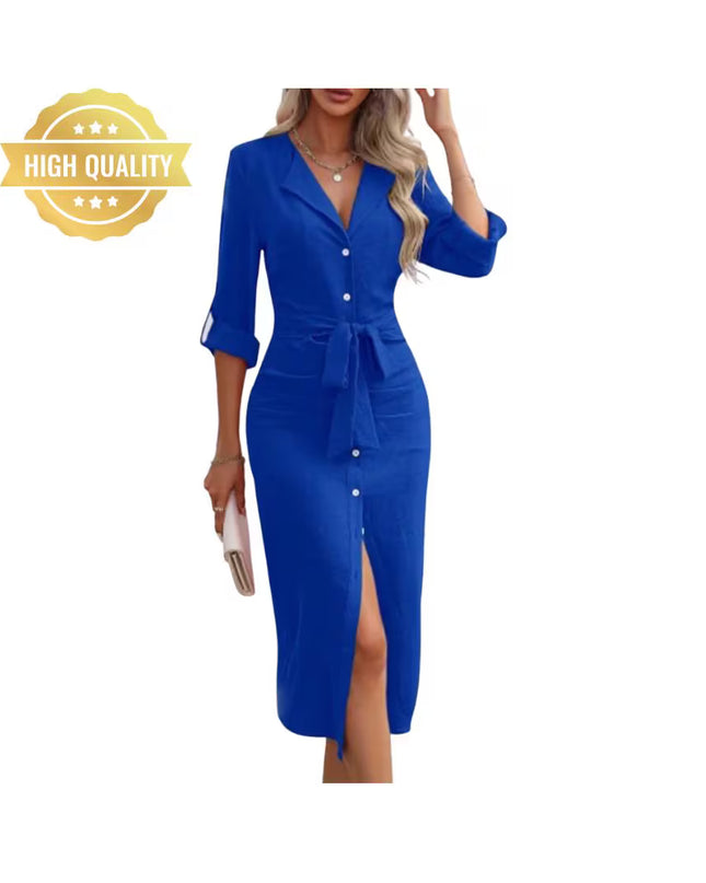 Women’s Office Shirt Dress: V-Neck Long Sleeve Solid Color Button Lace-Up Dress