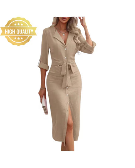 Women’s Office Shirt Dress: V-Neck Long Sleeve Solid Color Button Lace-Up Dress