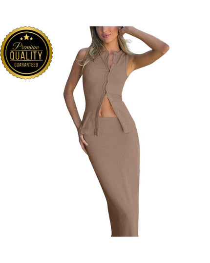Matching Suit Sleeveless Ribbed Single-Breasted Top Shirt Maxi Skirt 2024 Spring Summer Women's Clothing Sexy Streetwear