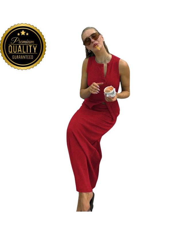Matching Suit Sleeveless Ribbed Single-Breasted Top Shirt Maxi Skirt 2024 Spring Summer Women's Clothing Sexy Streetwear
