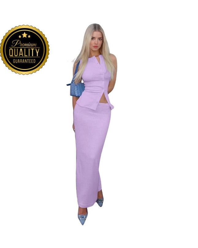 Matching Suit Sleeveless Ribbed Single-Breasted Top Shirt Maxi Skirt 2024 Spring Summer Women's Clothing Sexy Streetwear