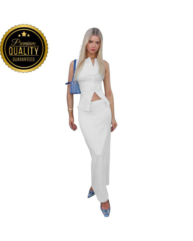 Matching Suit Sleeveless Ribbed Single-Breasted Top Shirt Maxi Skirt 2024 Spring Summer Women's Clothing Sexy Streetwear