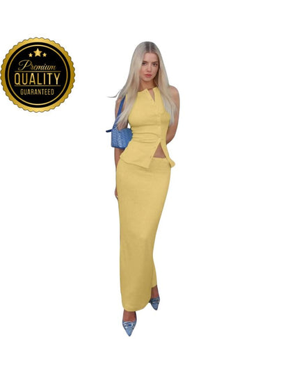 Matching Suit Sleeveless Ribbed Single-Breasted Top Shirt Maxi Skirt 2024 Spring Summer Women's Clothing Sexy Streetwear