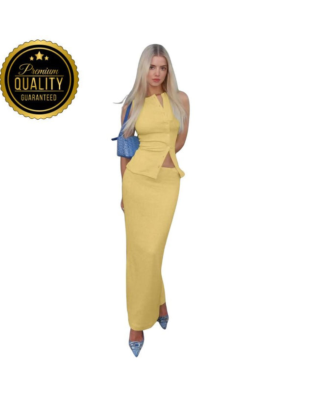 Matching Suit Sleeveless Ribbed Single-Breasted Top Shirt Maxi Skirt 2024 Spring Summer Women's Clothing Sexy Streetwear