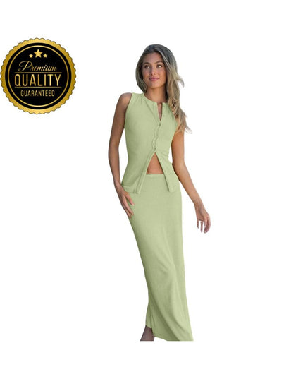 Matching Suit Sleeveless Ribbed Single-Breasted Top Shirt Maxi Skirt 2024 Spring Summer Women's Clothing Sexy Streetwear