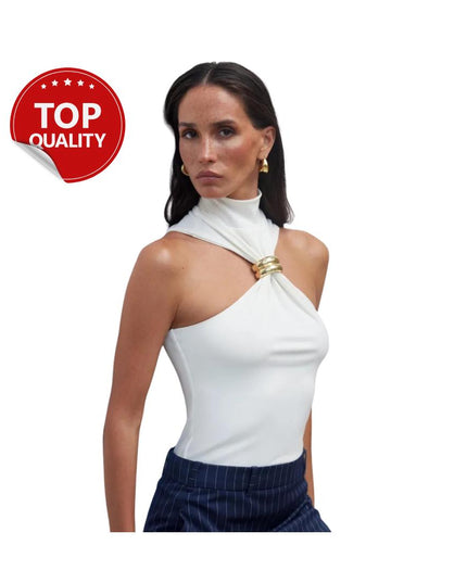 Vintage Cut Out White Tops Women Sexy Golden Ring Sleeveless Crop T-Shirt Black Tanks High Street Summer Women Tops