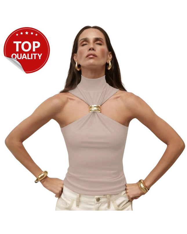Vintage Cut Out White Tops Women Sexy Golden Ring Sleeveless Crop T-Shirt Black Tanks High Street Summer Women Tops