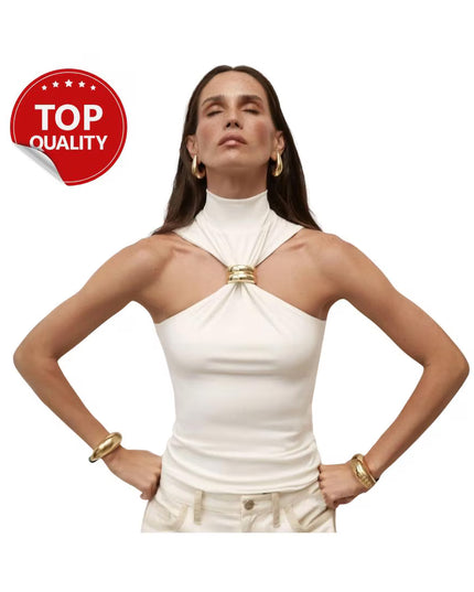 Vintage Cut Out White Tops Women Sexy Golden Ring Sleeveless Crop T-Shirt Black Tanks High Street Summer Women Tops