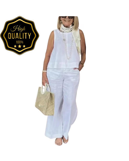 Women’s Cotton Linen Suit: Sleeveless Blouse & Wide-Leg Pants 2-Piece Set