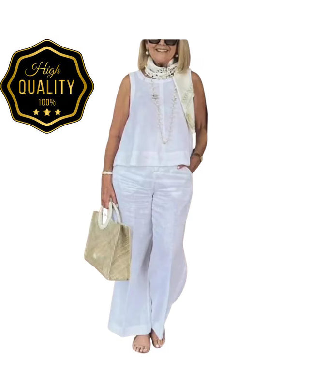 Women’s Cotton Linen Suit: Sleeveless Blouse & Wide-Leg Pants 2-Piece Set