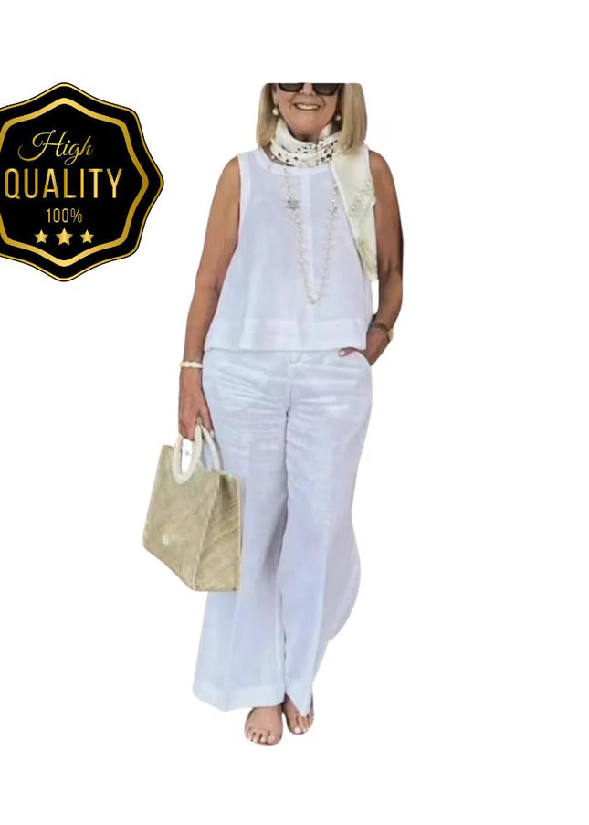 Women’s Cotton Linen Suit: Sleeveless Blouse & Wide-Leg Pants 2-Piece Set