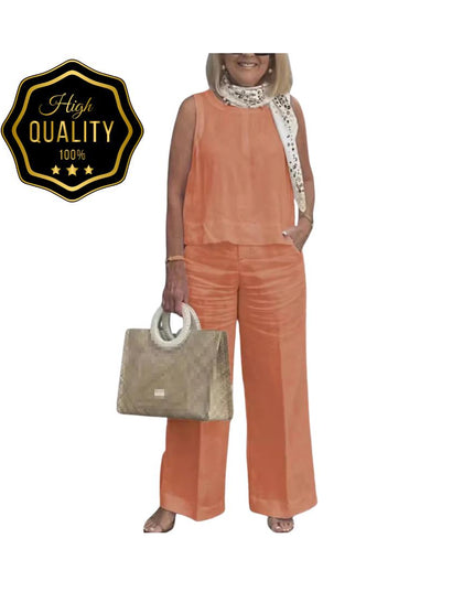 Women’s Cotton Linen Suit: Sleeveless Blouse & Wide-Leg Pants 2-Piece Set