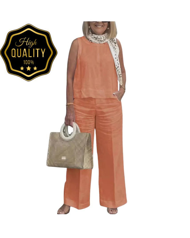 Women’s Cotton Linen Suit: Sleeveless Blouse & Wide-Leg Pants 2-Piece Set