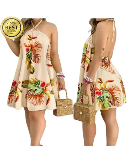 Tropical Print Halter Neck Dress, Vacation Style Backless Dress For Spring & Summer, Women's Clothing