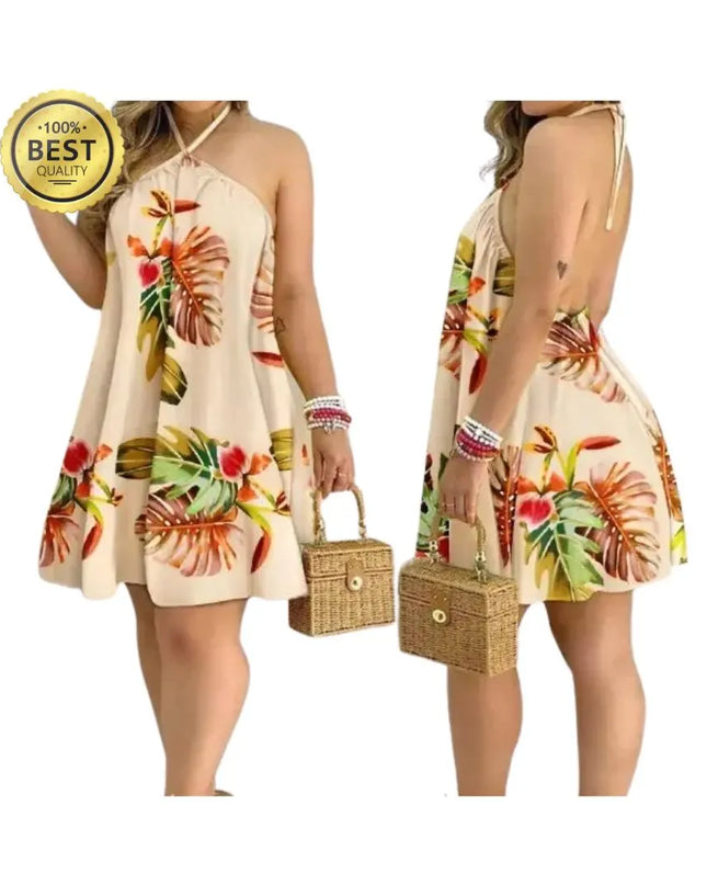 Tropical Print Halter Neck Dress, Vacation Style Backless Dress For Spring & Summer, Women's Clothing