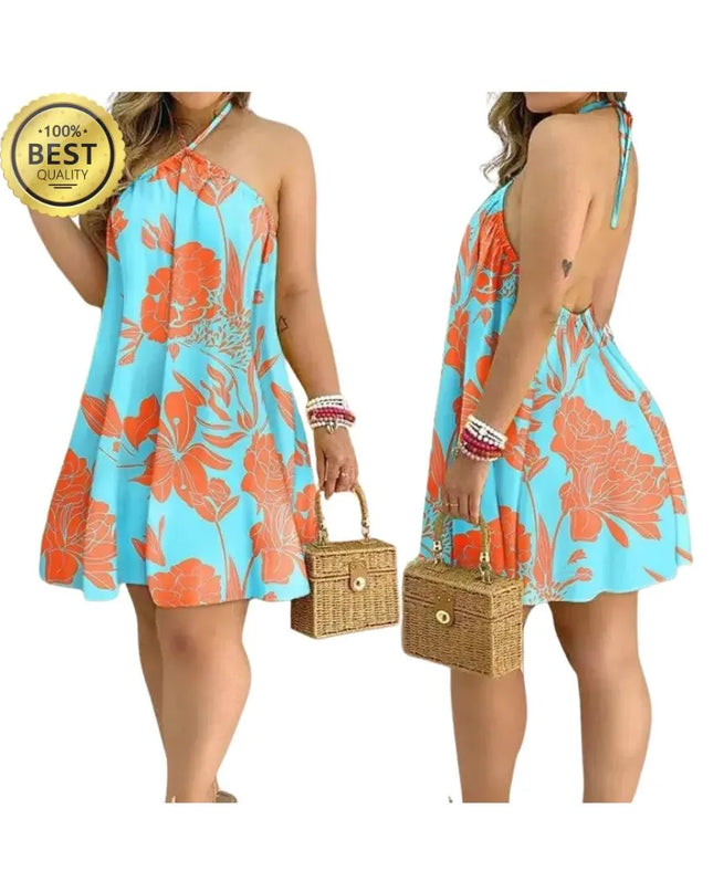 Tropical Print Halter Neck Dress, Vacation Style Backless Dress For Spring & Summer, Women's Clothing