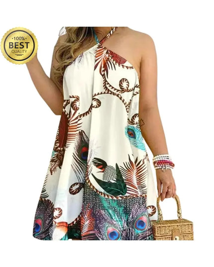 Tropical Print Halter Neck Dress, Vacation Style Backless Dress For Spring & Summer, Women's Clothing