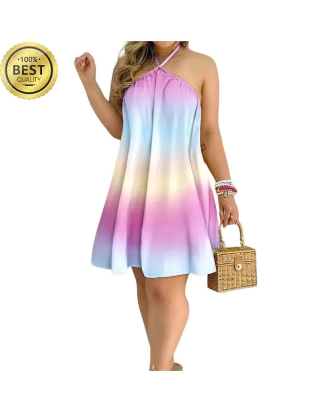 Tropical Print Halter Neck Dress, Vacation Style Backless Dress For Spring & Summer, Women's Clothing