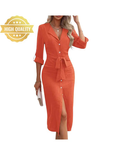 Women’s Office Shirt Dress: V-Neck Long Sleeve Solid Color Button Lace-Up Dress